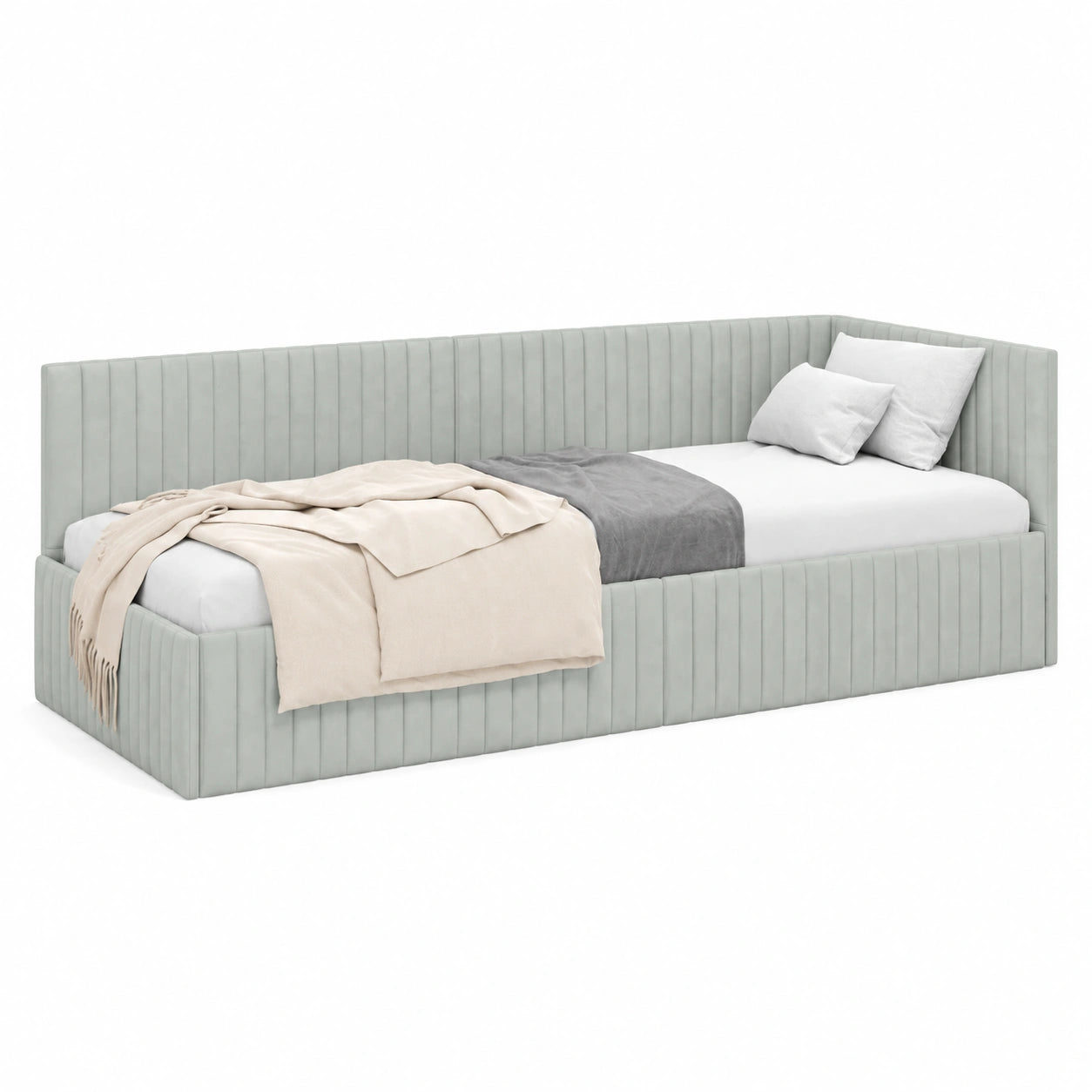 Letto ad Angolo Moderno Velluto, Grigio Chiaro 80x200 cm, con Rete a Doghe e Poggiatesta Regolabile