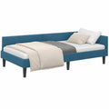Letto angolare in velluto blu 90x200 cm con rete a doghe, design salvaspazio a L, testiera regolabile, struttura robusta, moderno per camera e studio