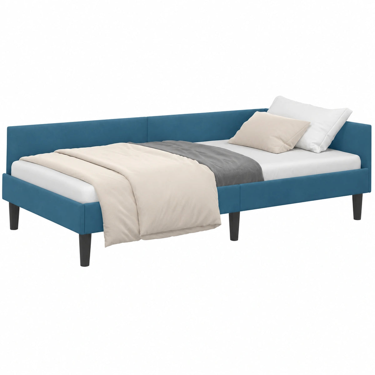 Letto angolare in velluto blu 90x200 cm con rete a doghe, design salvaspazio a L, testiera regolabile, struttura robusta, moderno per camera e studio