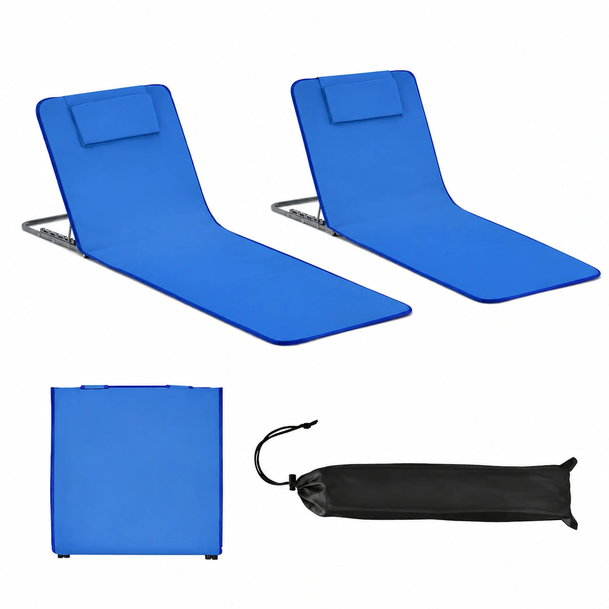 Set di 2 Lettini da Spiaggia Reclinabili con Tavolino e Poggiatesta Rimovibile, Blu
