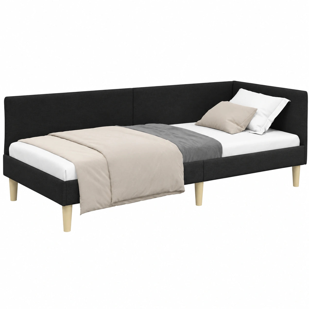 Letto angolare 90x190 cm nero con rete a doghe e poggiatesta regolabile, design a L salvaspazio