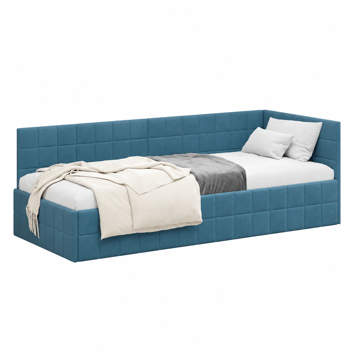 Letto angolare in velluto blu 90x190 cm, design salvaspazio L, telaio robusto e poggiatesta regolabile