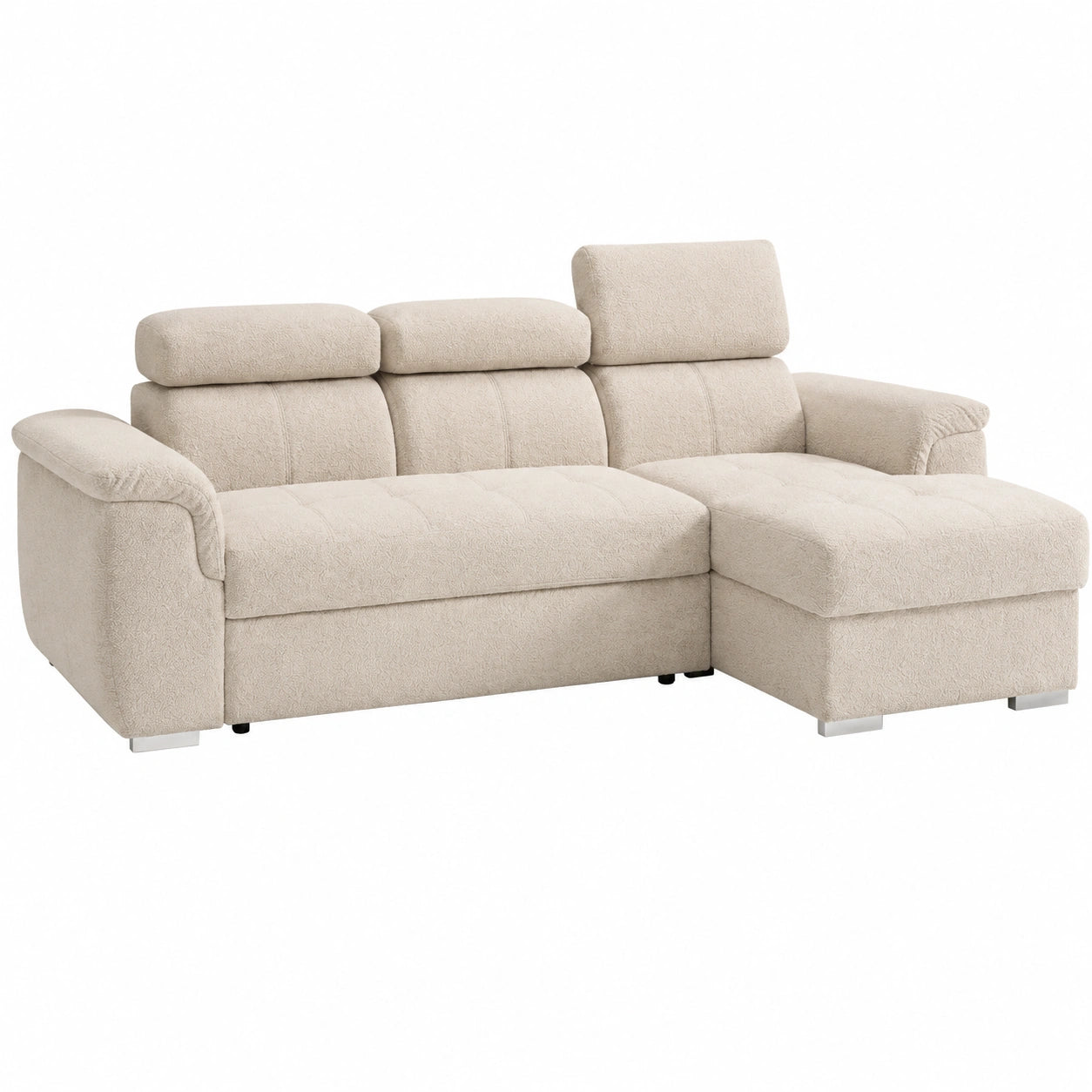 Divano Angolare Modulare Robin Inspire 3 Posti con Letto a L Destro e Contenitore, Poggiatesta Regolabili - Soggiorno Moderno - 247 cm Crema Argento