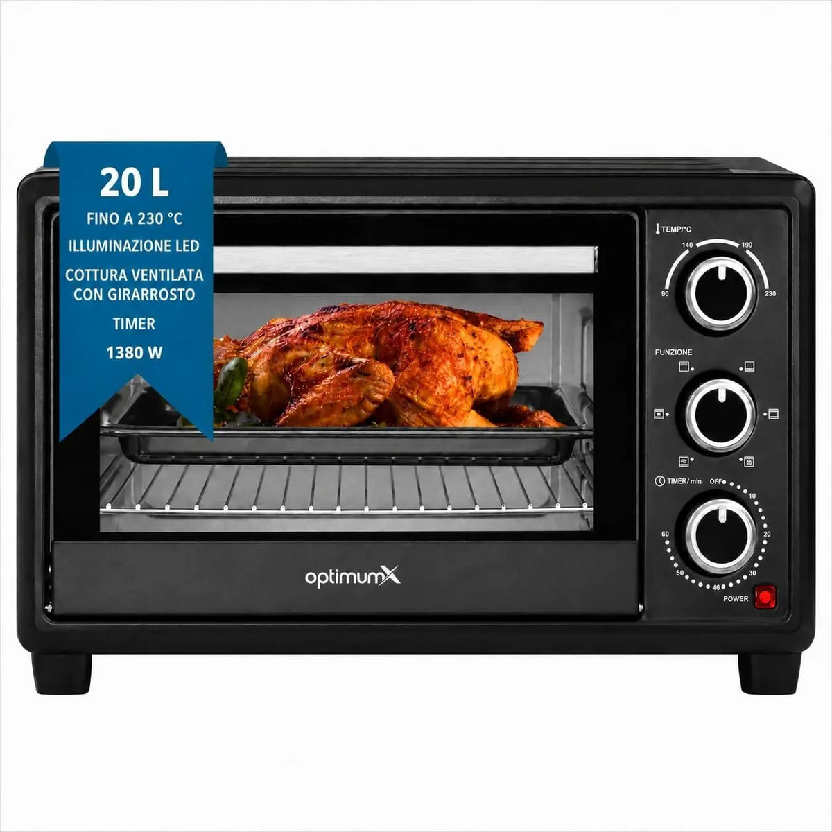 OptimumX Mini: forno elettrico. Per la cottura degli alimenti. Potenza: 1380 W. Capacit¨¤: 20 L. Programmi o funzioni: 6. Colorazione indicata: Nero.