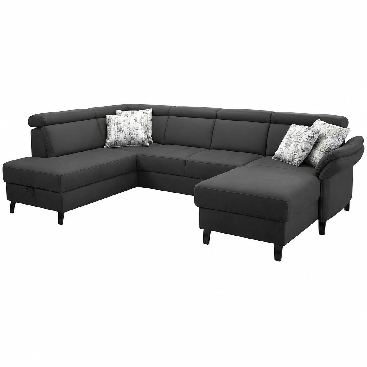 CAVADORE Divano Angolare Ammerland in Pelle Sintetica U-Shape con Poggiatesta Regolabile, Grigio Scuro, 317x84x193 cm