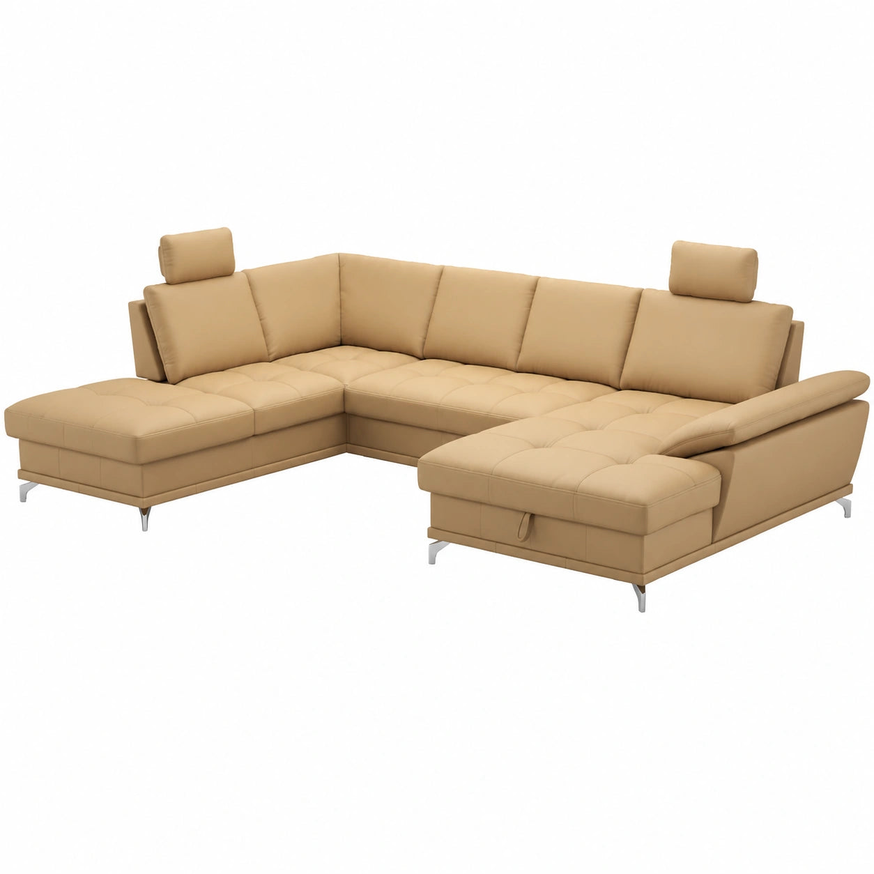 Divano angolare Cavadore Castiel con lounge chair e poggiatesta regolabili, rivestimento in pelle e gambe in metallo, 363x223x89-104 cm
