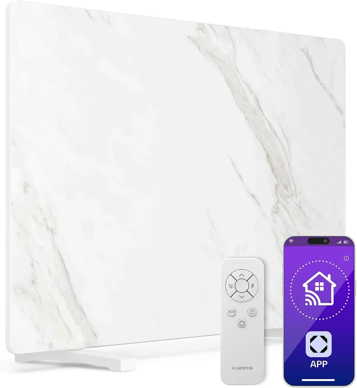 Klarstein IP43: pannello radiante. Potenza: 600 W. Caratteristiche del modello: Wi-Fi, temporizzatore. Colorazione indicata: Bianco.