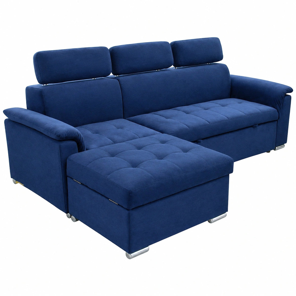 Divano Letto Angolare con Scomparto e Poggiatesta Regolabile in Tessuto Blu