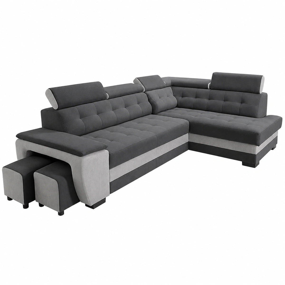 Divano Angolare Robin Inspire con Letto, Cassetto e Pouf Regolabili Nero e Grigio