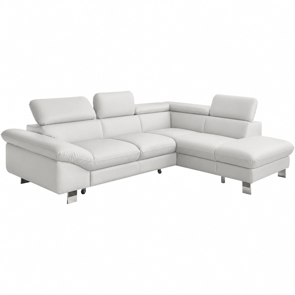 Mivano Divano Angolare Moderno in Pelle a L con Pouf Destro e Poggiatesta Regolabili, 266x73x214 cm, Ecopelle Bianca