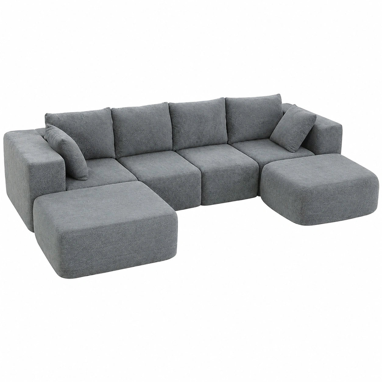 Divano Componibile in Velluto Grigio Scuro, 4 Posti con Pouf e Cuscini