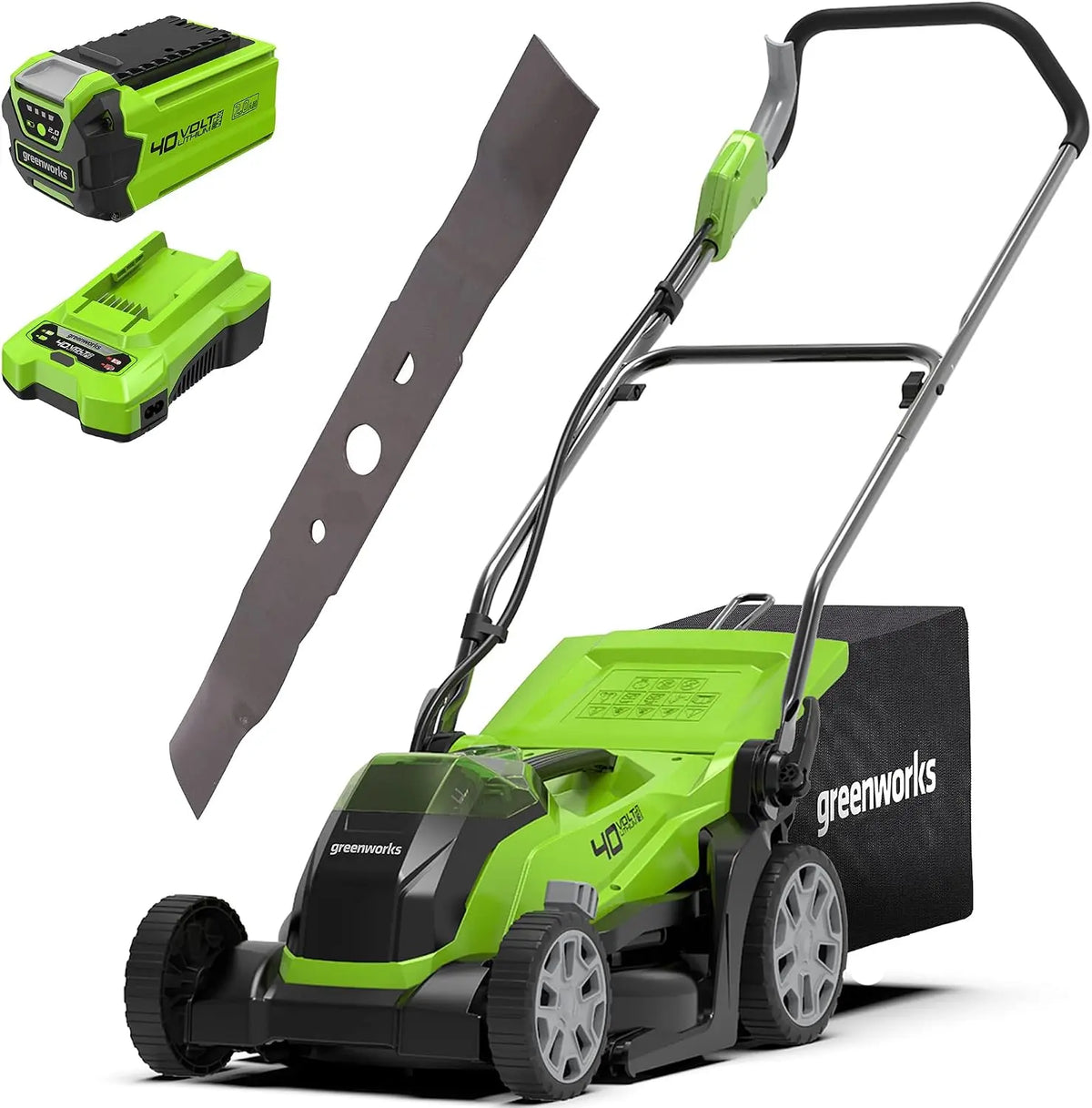 Greenworks Caricabatterie-G40LM35K2: tagliaerba. Per la manutenzione del prato. Tensione: 40 V. Capacit¨¤: 40 L. Capacit¨¤ della batteria: 2 Ah. Misura indicata: 35 cm. Caratteristiche del modello: alimentazione a batteria.